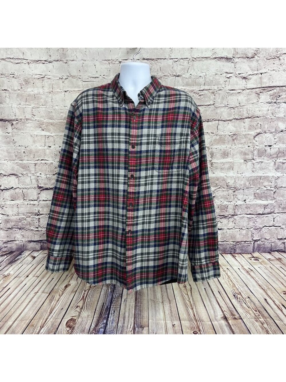 Lands End Gray Red Plaid Flannel Button Long Sleeve Shirt